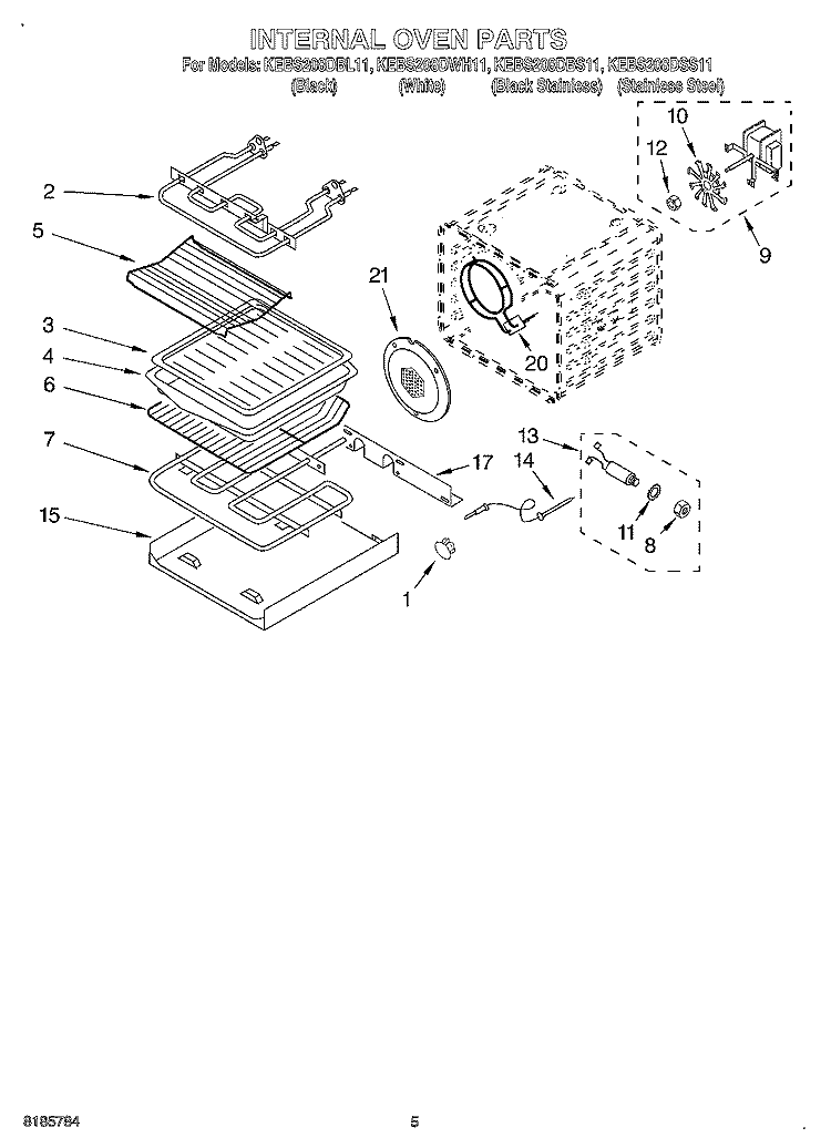 INTERNAL OVEN Diagram and Parts List for KEBS208DBS11  KitchenAid Wall Oven