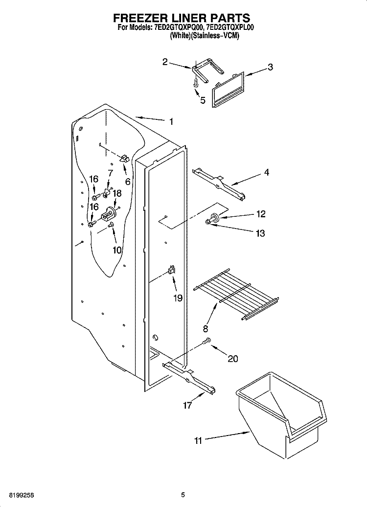 FREEZER LINER PARTS Diagram and Parts List for 7ED2GTQXPL00  Whirlpool Refrigerator