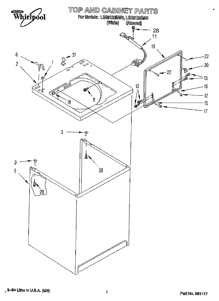 TOP AND CABINET, LIT/OPTIONAL Diagram and Parts List for LSR6132BW0  Whirlpool Washer