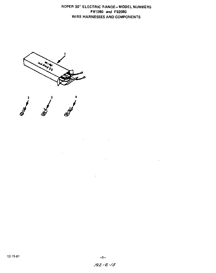 WIRE HARNESS AND COMPONENTS Diagram and Parts List for F9208W0  Roper Range
