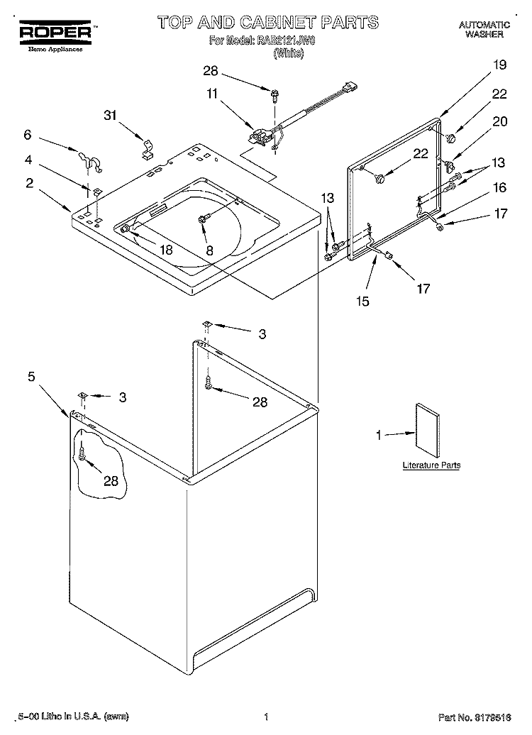 TOP AND CABINET, LITERATURE Diagram and Parts List for RAB2121JW0  Roper Washer