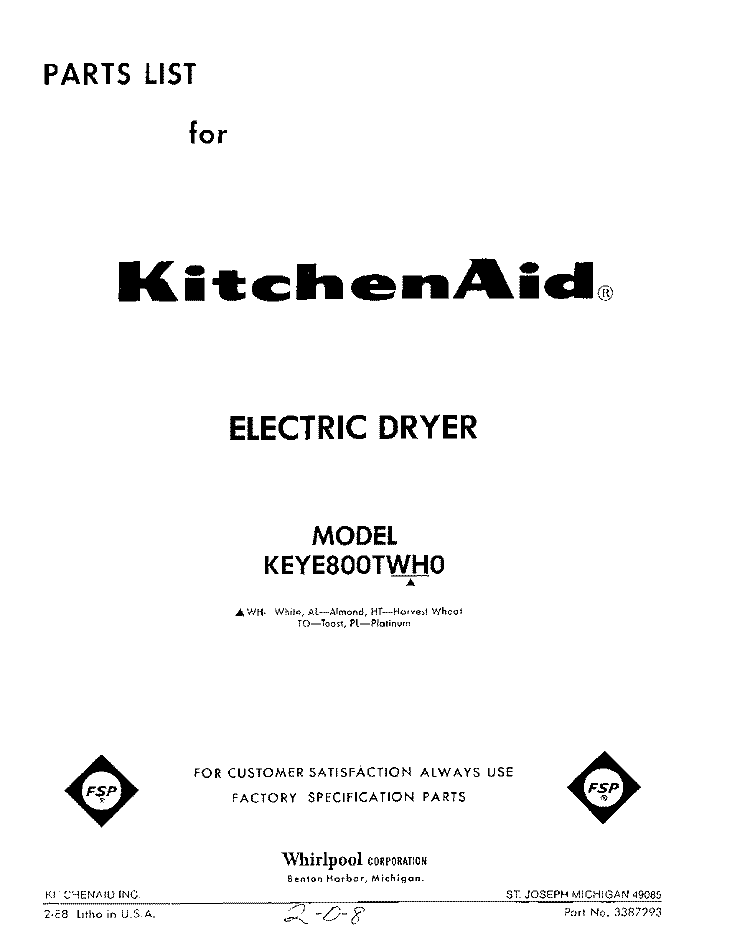 SECTION Diagram and Parts List for KEYE800TTO0  KitchenAid Dryer