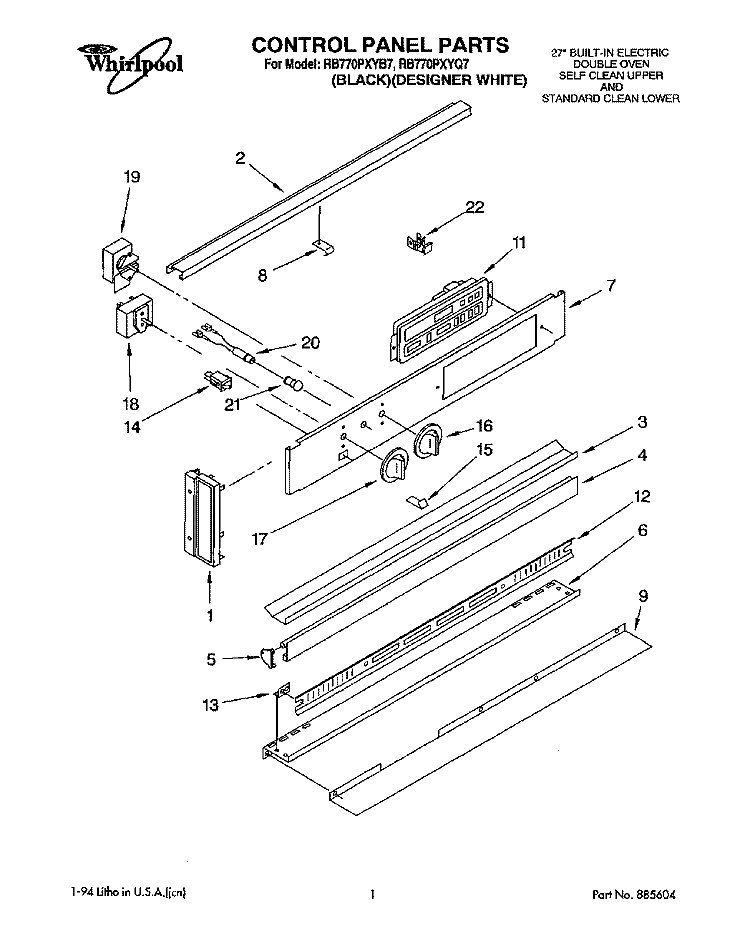 CONTROL PANEL, LITERATURE Diagram and Parts List for RB770PXYB7  Whirlpool Wall Oven