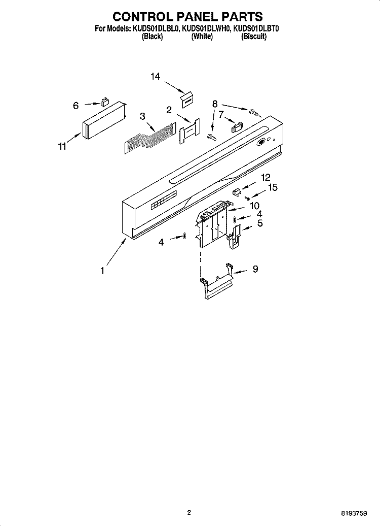 CONTROL PANEL PARTS Diagram and Parts List for KUDS01DLBT0  KitchenAid Dishwasher