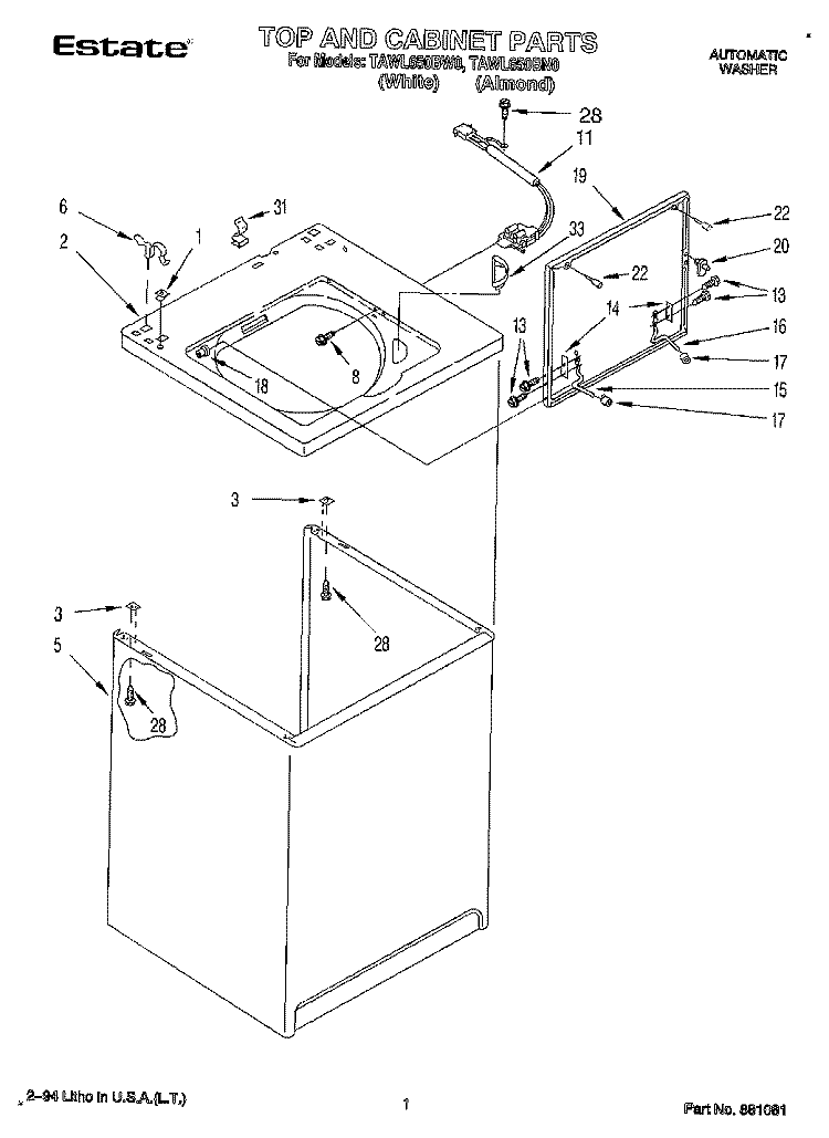 TOP AND CABINET, LIT/OPTIONAL Diagram and Parts List for TAWL650BW0  Estate Washer