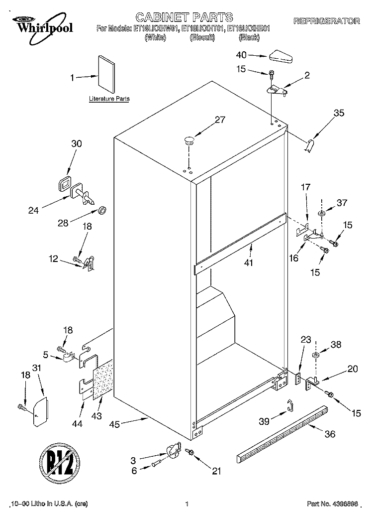 CABINET, LITERATURE Diagram and Parts List for ET18LKXHB01  Whirlpool Refrigerator