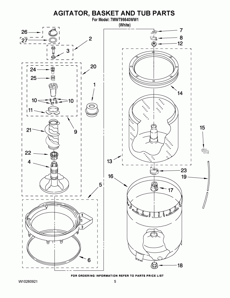 AGITATOR, BASKET AND TUB PARTS Diagram and Parts List for 7MWT99840WW1  Whirlpool Washer