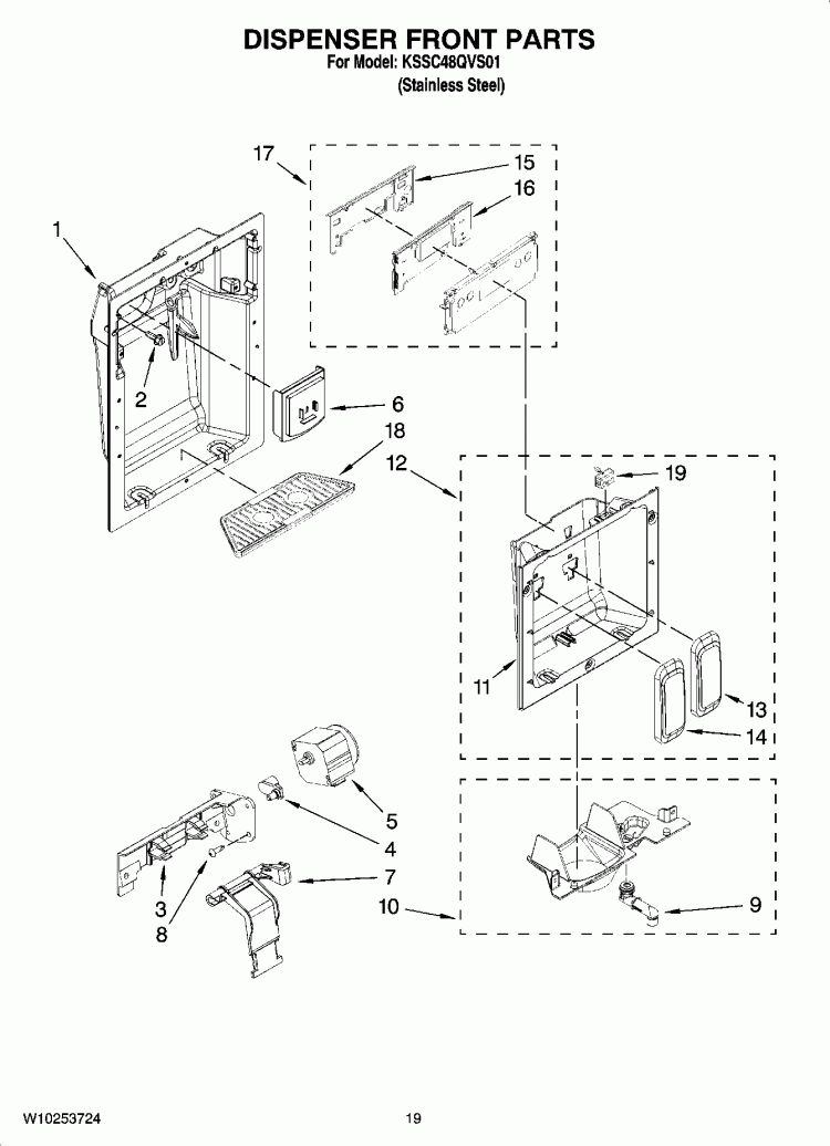 DISPENSER FRONT PARTS Diagram and Parts List for KSSC48QVS01  KitchenAid Refrigerator