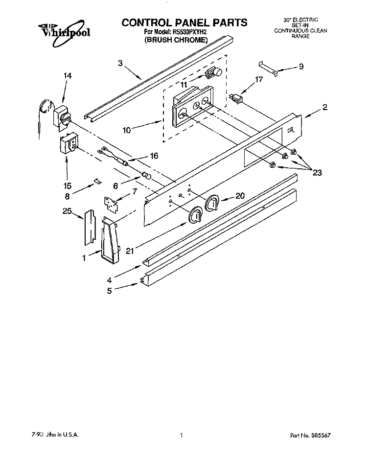 CONTROL PANEL, LITERATURE Diagram and Parts List for RS630PXYH2  Whirlpool Range