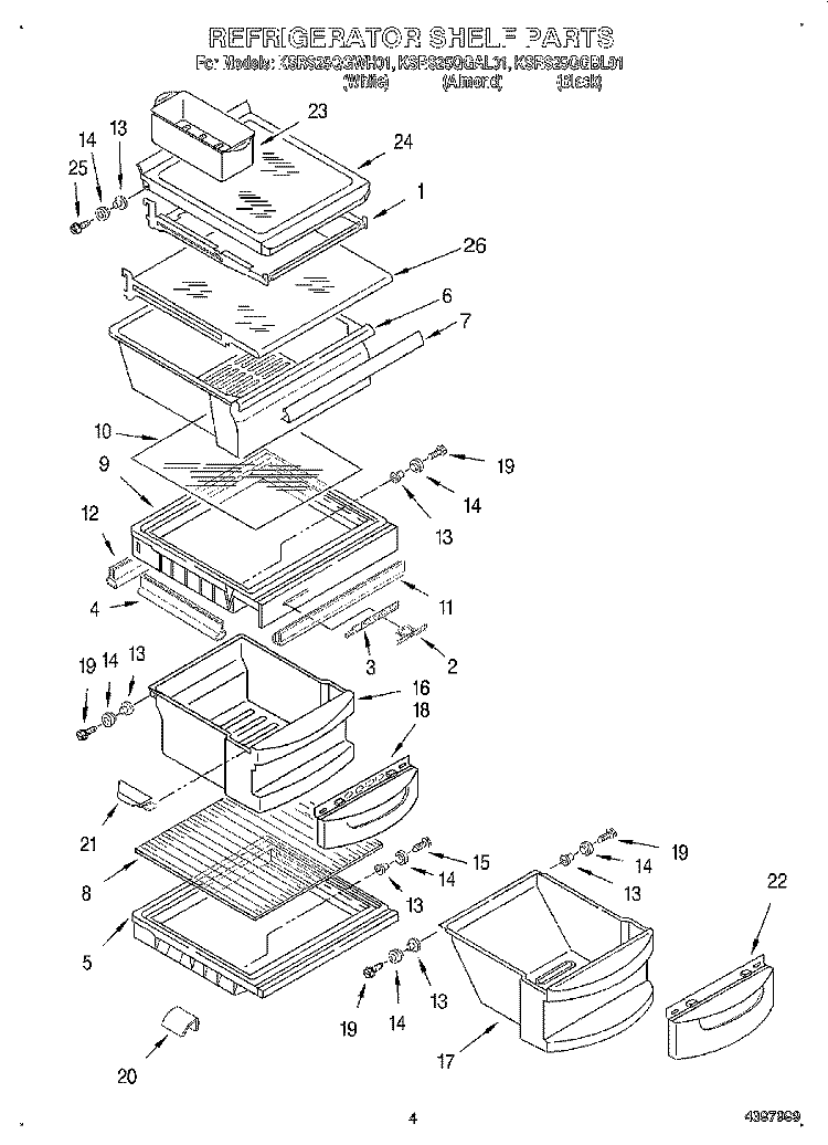 REFRIGERATOR SHELF Diagram and Parts List for KSRS25QGWH01  KitchenAid Refrigerator