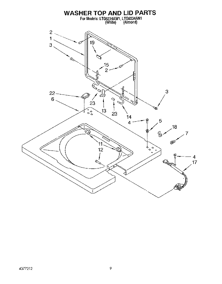 WASHER TOP AND LID Diagram and Parts List for LTG6234AW1  Whirlpool Washer Dryer Combo