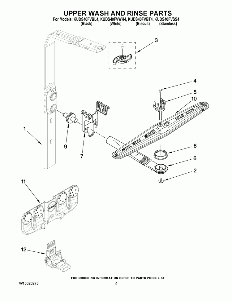 UPPER WASH AND RINSE PARTS Diagram and Parts List for KUDS40FVSS4  KitchenAid Dishwasher