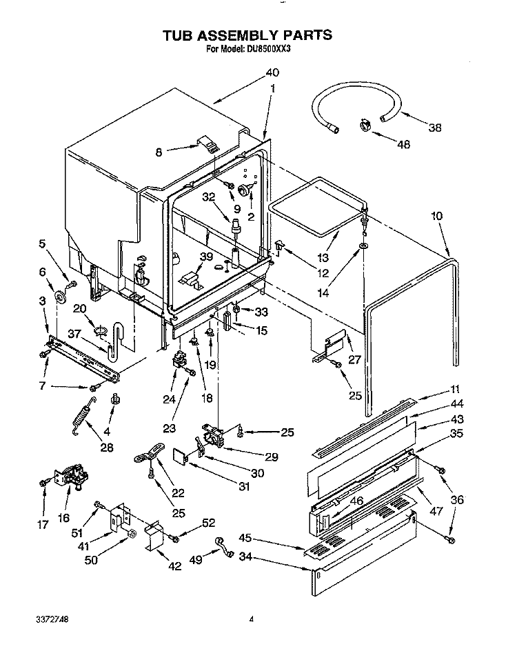 TUB ASSEMBLY Diagram and Parts List for DU8500XX3  Whirlpool Dishwasher