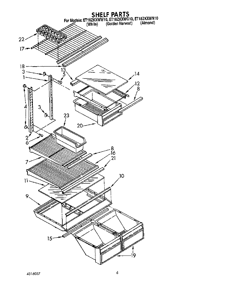 SHELF Diagram and Parts List for ET18ZKXWW10  Whirlpool Refrigerator