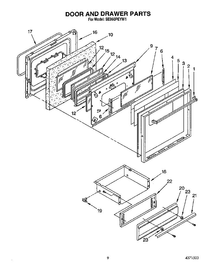 DOOR AND DRAWER Diagram and Parts List for SE960PEYN1  Whirlpool Range
