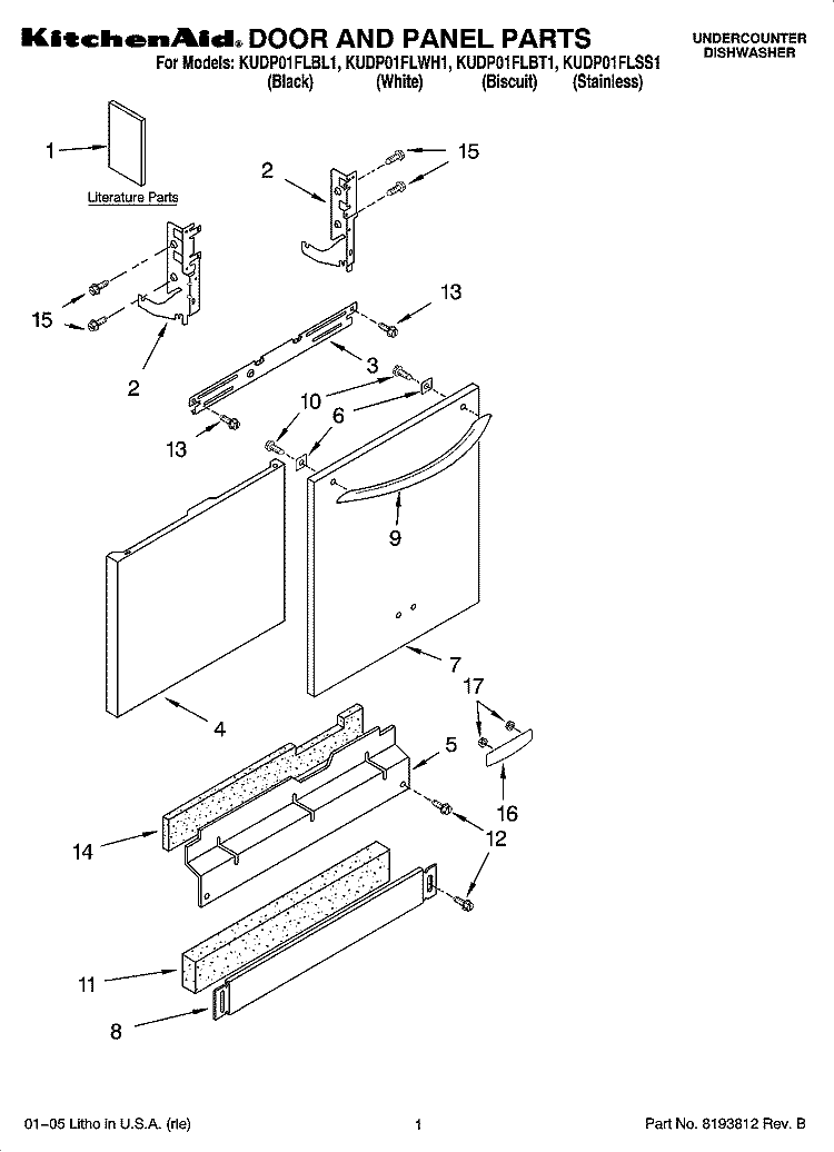 DOOR AND PANEL PARTS Diagram and Parts List for KUDP01FLSS1  KitchenAid Dishwasher