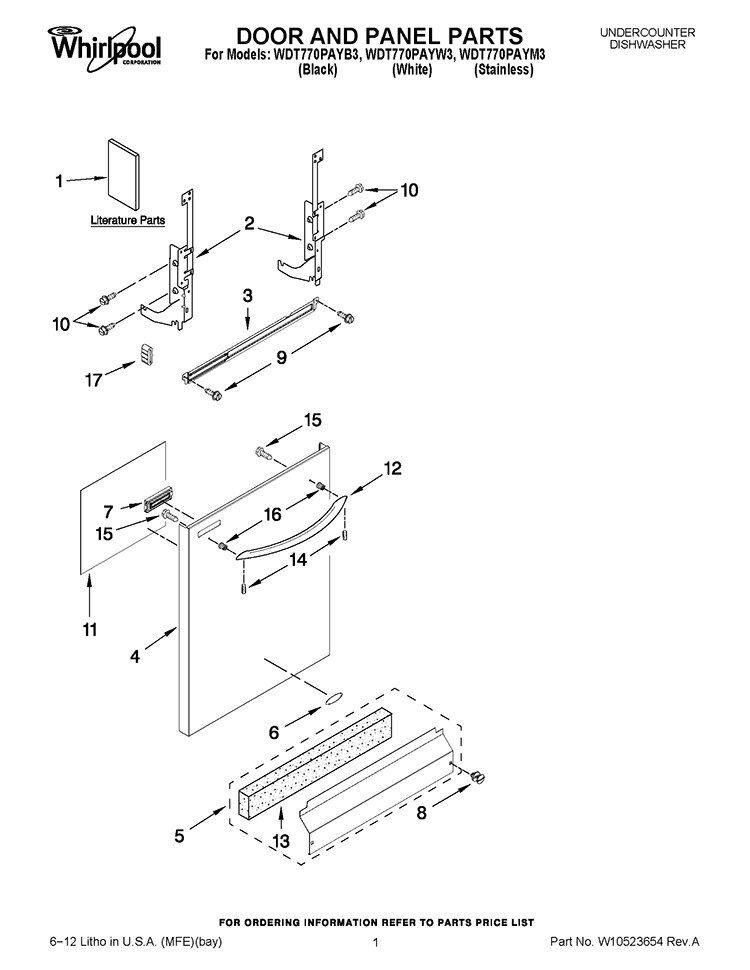 DOOR AND PANEL PARTS Diagram and Parts List for WDT770PAYW3  Whirlpool Dishwasher