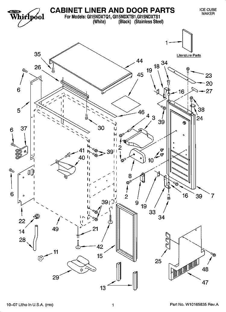 CABINET LINER AND DOOR PARTS Diagram and Parts List for GI15NDXTB1  Whirlpool Ice Maker