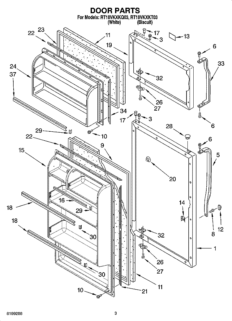 DOOR PARTS Diagram and Parts List for RT18VKXKQ03  Roper Refrigerator