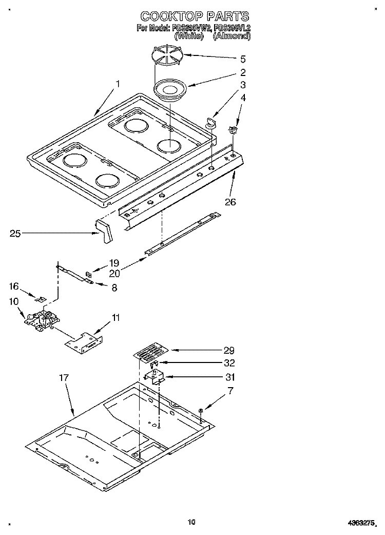 COOKTOP Diagram and Parts List for FGS395VL2  Whirlpool Range