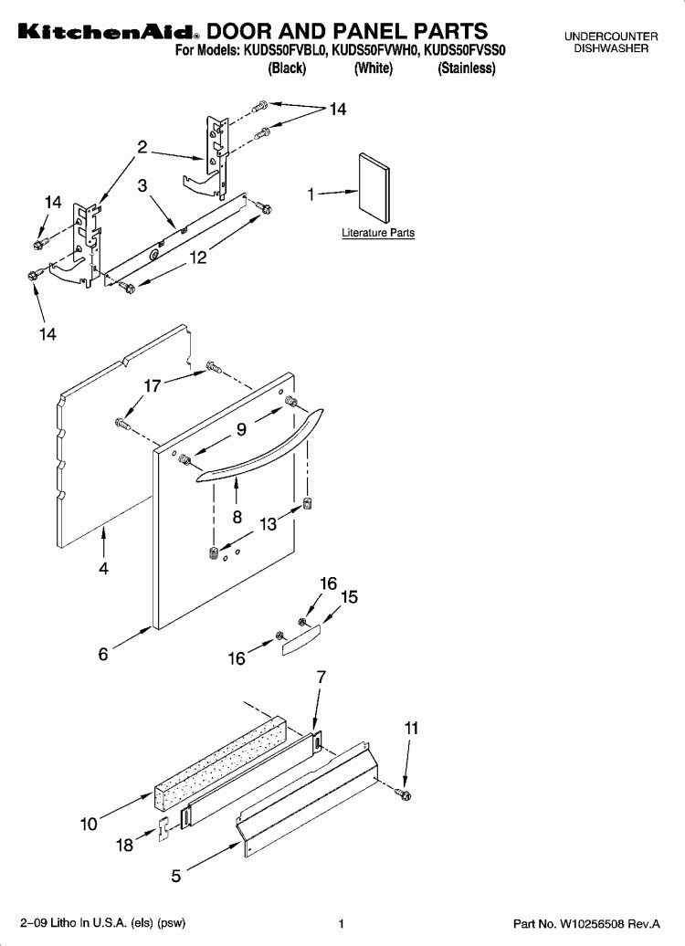 DOOR AND PANEL PARTS Diagram and Parts List for KUDS50FVSS0  KitchenAid Dishwasher