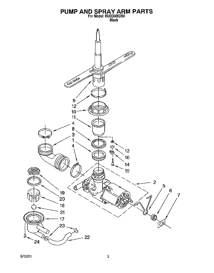 PUMP AND SPRAY ARM Diagram and Parts List for RUD3006DB0  Roper Dishwasher