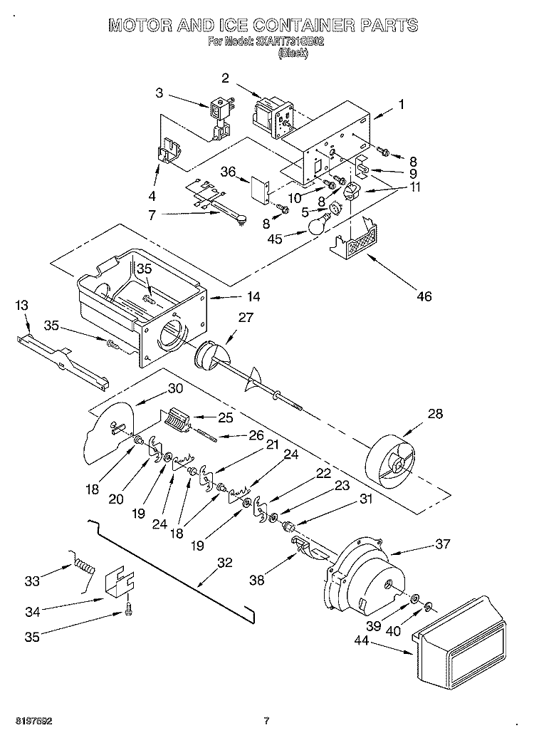 MOTOR AND ICE CONTAINER Diagram and Parts List for 3XART731GB02  Whirlpool Refrigerator