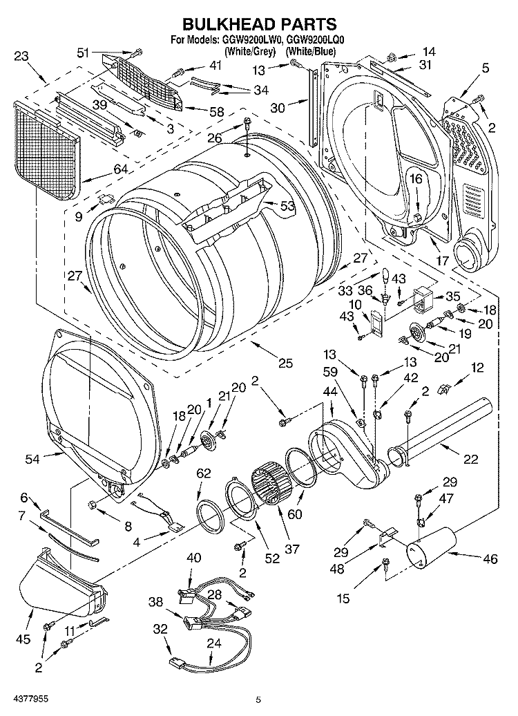 BULKHEAD Diagram and Parts List for GGW9200LQ0  Whirlpool Dryer