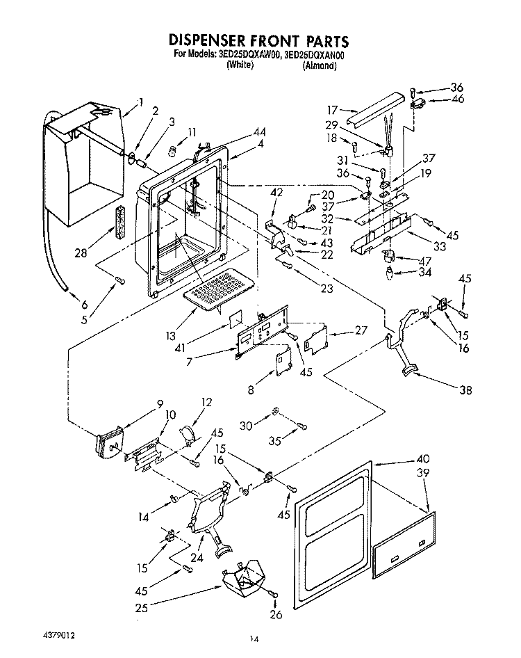 DISPENSER FRONT Diagram and Parts List for 3ED25DQXAW00  Whirlpool Refrigerator