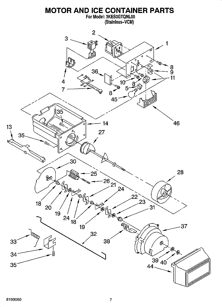 MOTOR AND ICE CONTAINER PARTS Diagram and Parts List for 3KES0GTQNL00  Whirlpool Refrigerator