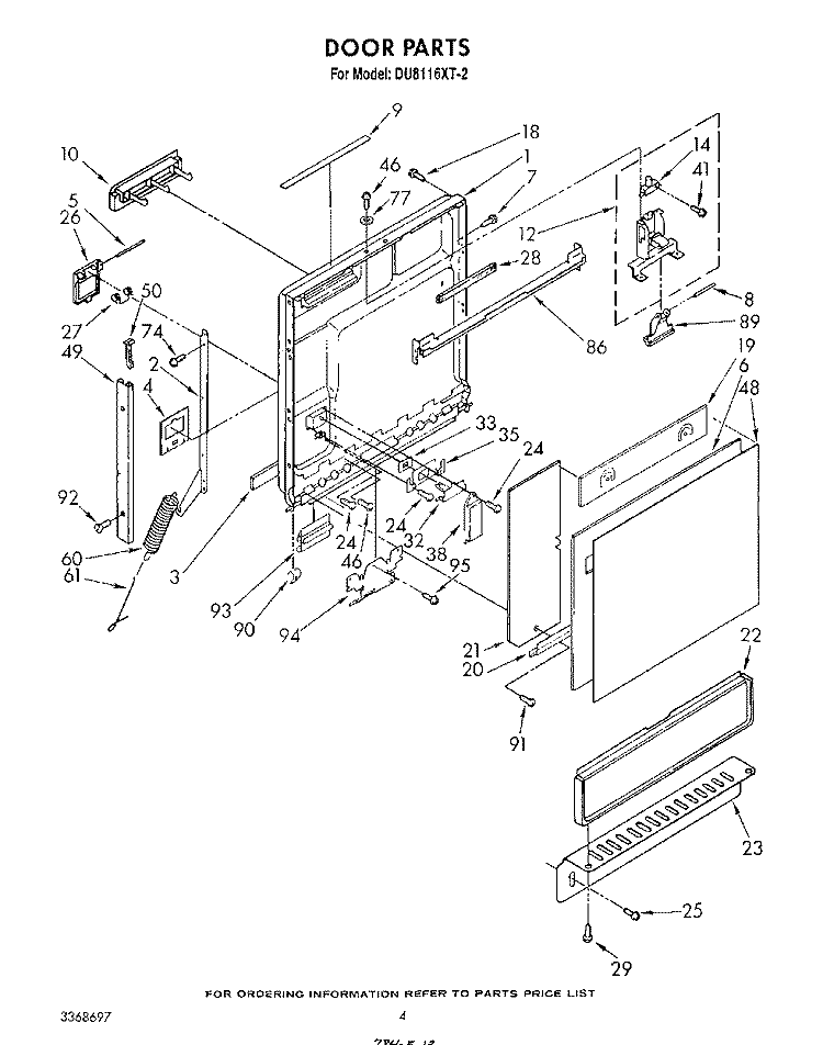 DOOR Diagram and Parts List for DU8116XT2  Whirlpool Dishwasher