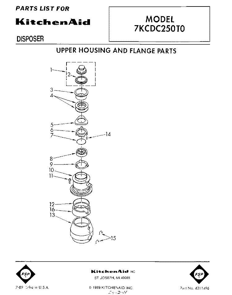 SECTION Diagram and Parts List for 7KCDC250T0  KitchenAid Food Waste Disposer