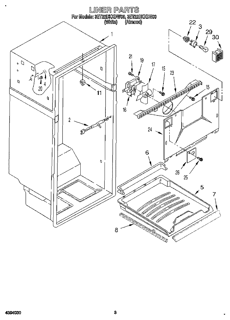 LINER Diagram and Parts List for 3ET22DKXDN00  Whirlpool Refrigerator