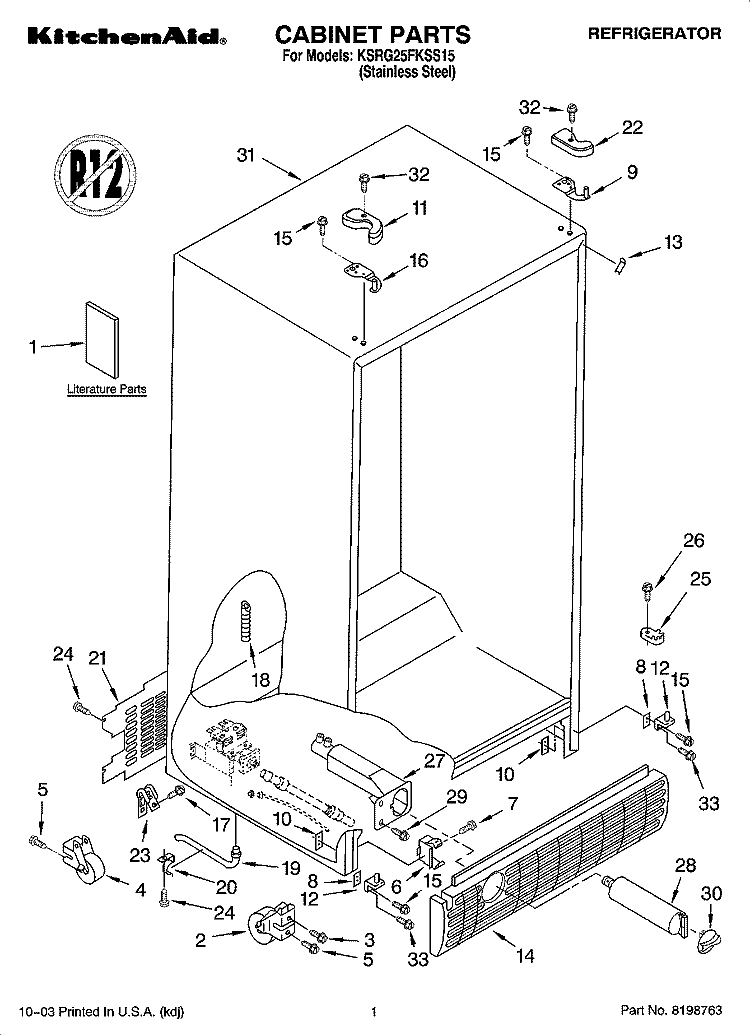 CABINET PARTS Diagram and Parts List for KSRG25FKSS15  KitchenAid Refrigerator