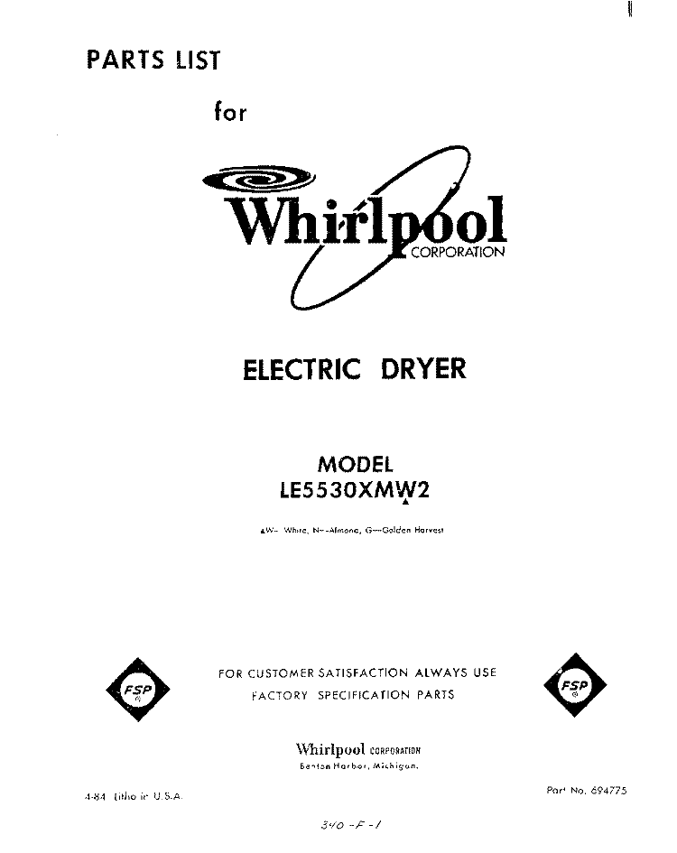 SECTION Diagram and Parts List for LE5530XMW2  Whirlpool Dryer