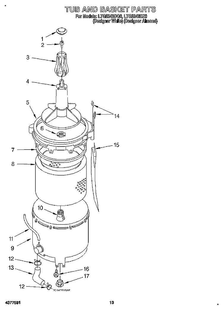 TUB AND BASKET Diagram and Parts List for LTG5243DQ0  Whirlpool Washer Dryer Combo