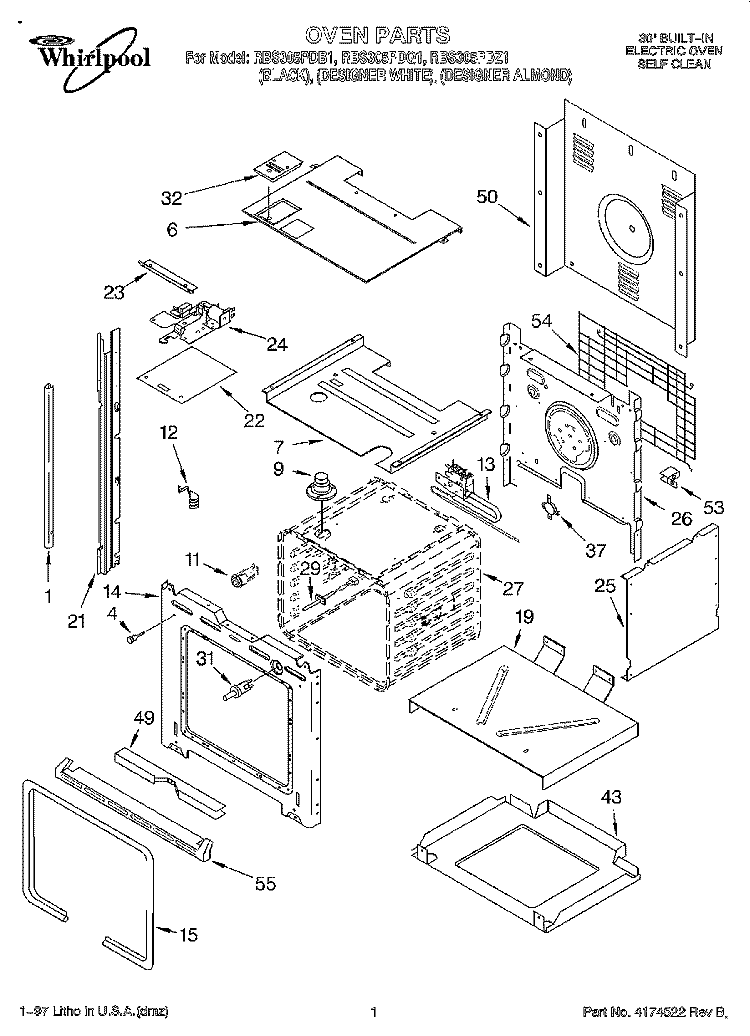 OVEN Diagram and Parts List for RBS305PDQ1  Whirlpool Wall Oven