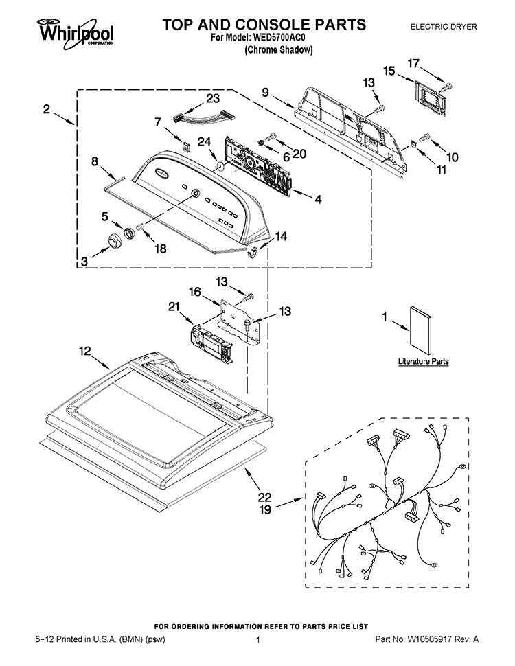 TOP AND CONSOLE PARTS Diagram and Parts List for WED5700AC0  Whirlpool Dryer