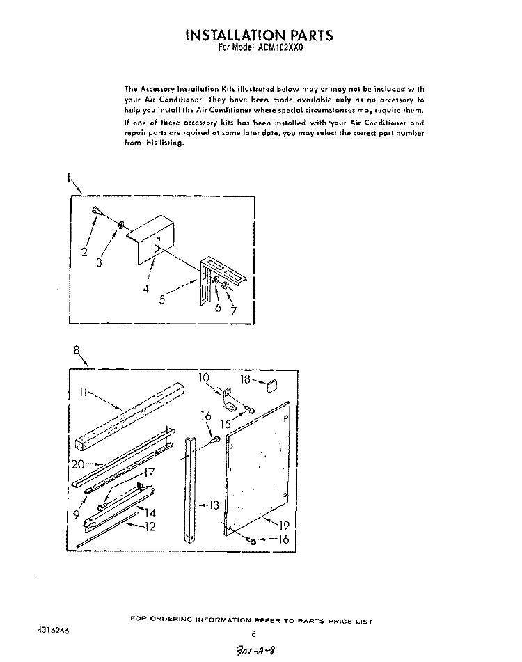 INSTALLATION Diagram and Parts List for ACM102XX0  Whirlpool Air Conditioner