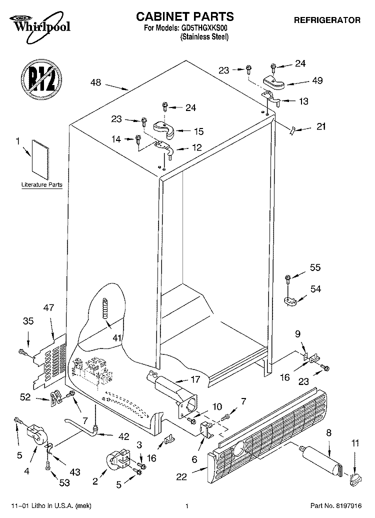 CABINET, LITERATURE Diagram and Parts List for GD5THGXKS00  Whirlpool Refrigerator