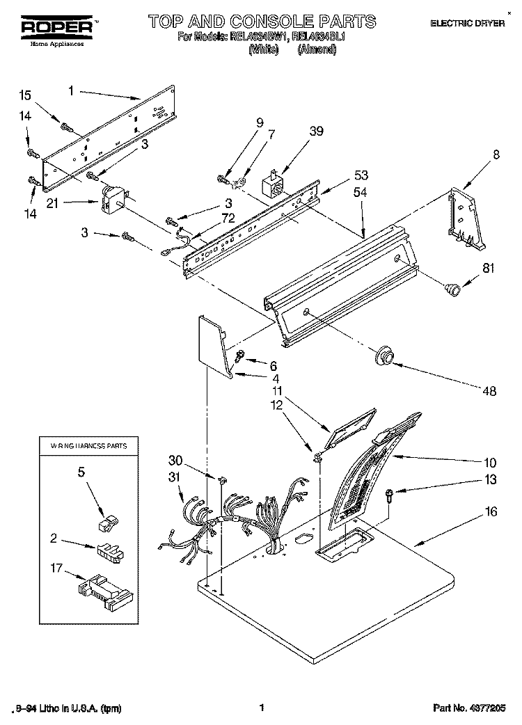 SECTION Diagram and Parts List for REL4634BL1  Roper Dryer
