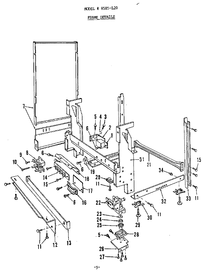 FRAME Diagram and Parts List for 8585L20  Roper Dishwasher