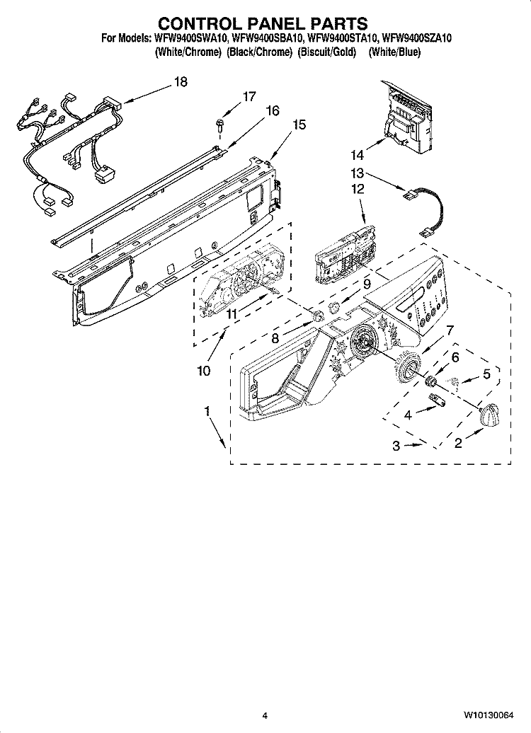 CONTROL PANEL PARTS Diagram and Parts List for WFW9400SWA10  Whirlpool Washer