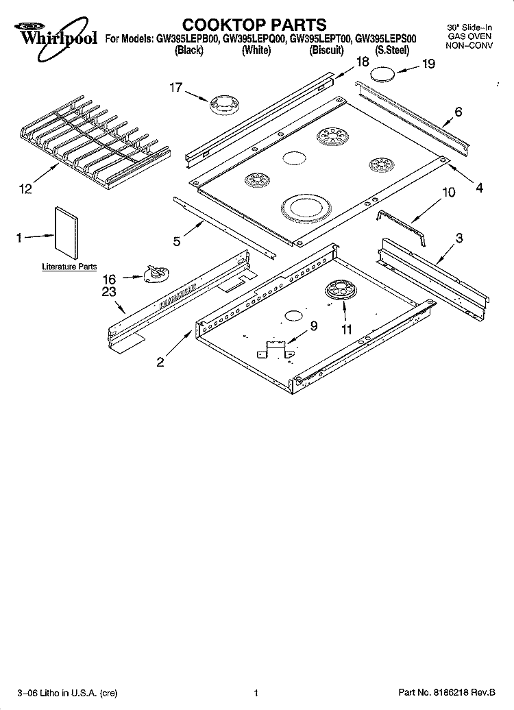 COOKTOP PARTS Diagram and Parts List for GW395LEPQ00  Whirlpool Range