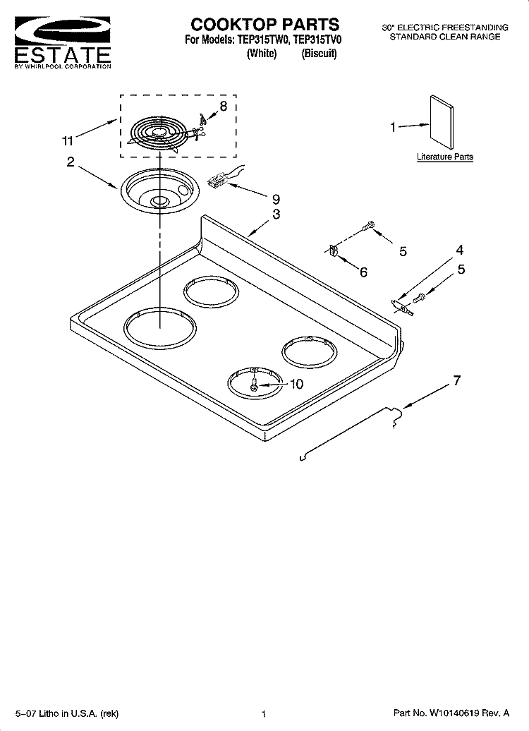 COOKTOP PARTS Diagram and Parts List for TEP315TW0  Estate Range
