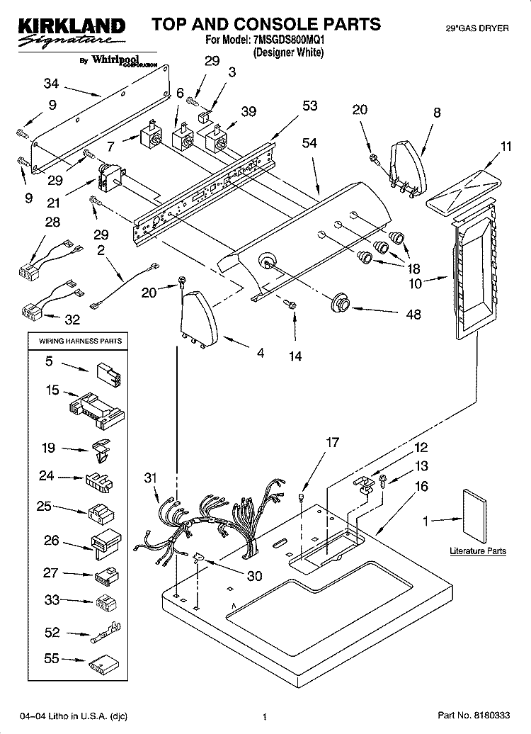 TOP AND CONSOLE PARTS Diagram and Parts List for 7MSGDS800MQ1  Whirlpool Dryer
