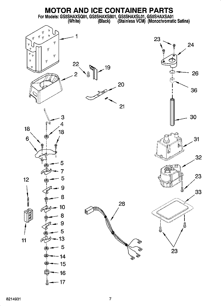 MOTOR AND ICE CONTAINER PARTS Diagram and Parts List for GS5SHAXSA01  Whirlpool Refrigerator