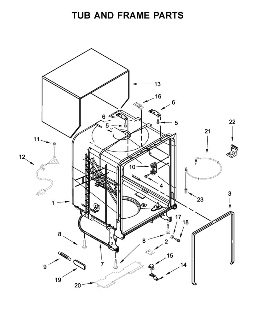 Tub And Frame Parts Diagram and Parts List for WDF331PAHS1  Whirlpool Dishwasher