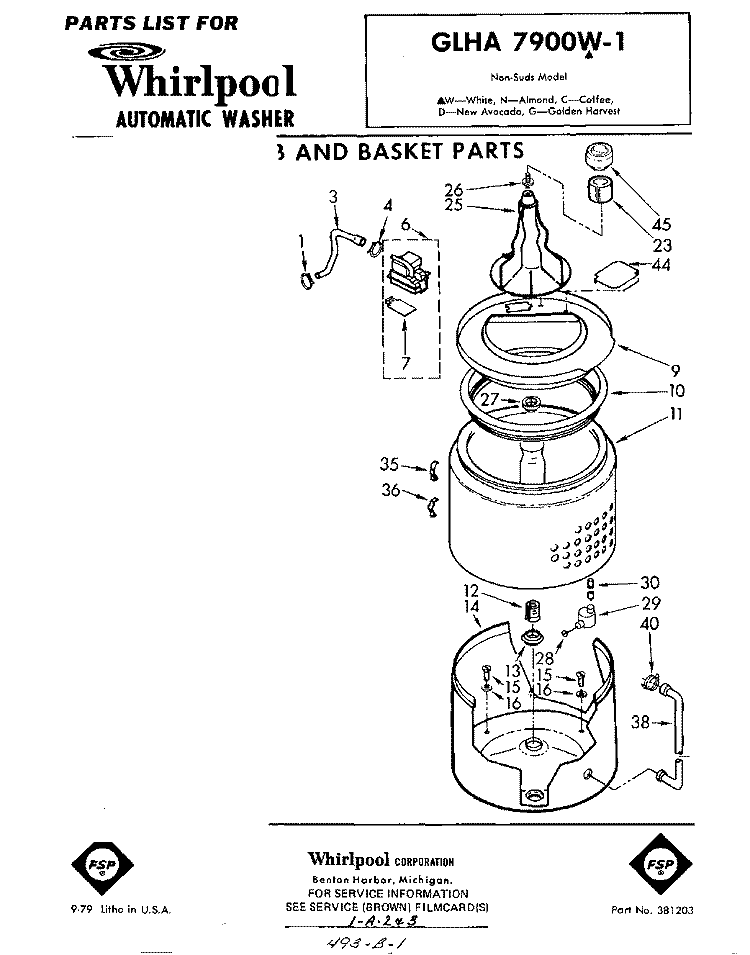 TUB AND BASKET , LIT/OPTIONAL Diagram and Parts List for GLHA7900W1  Whirlpool Washer