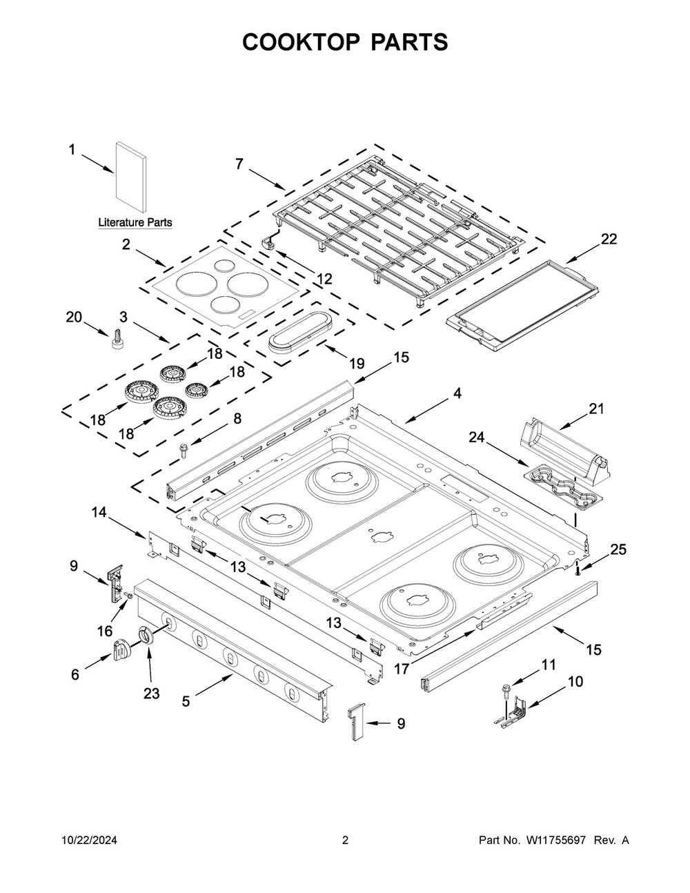 02 - Cooktop Parts Diagram and Parts List for WFGS7530RV1  Whirlpool Range